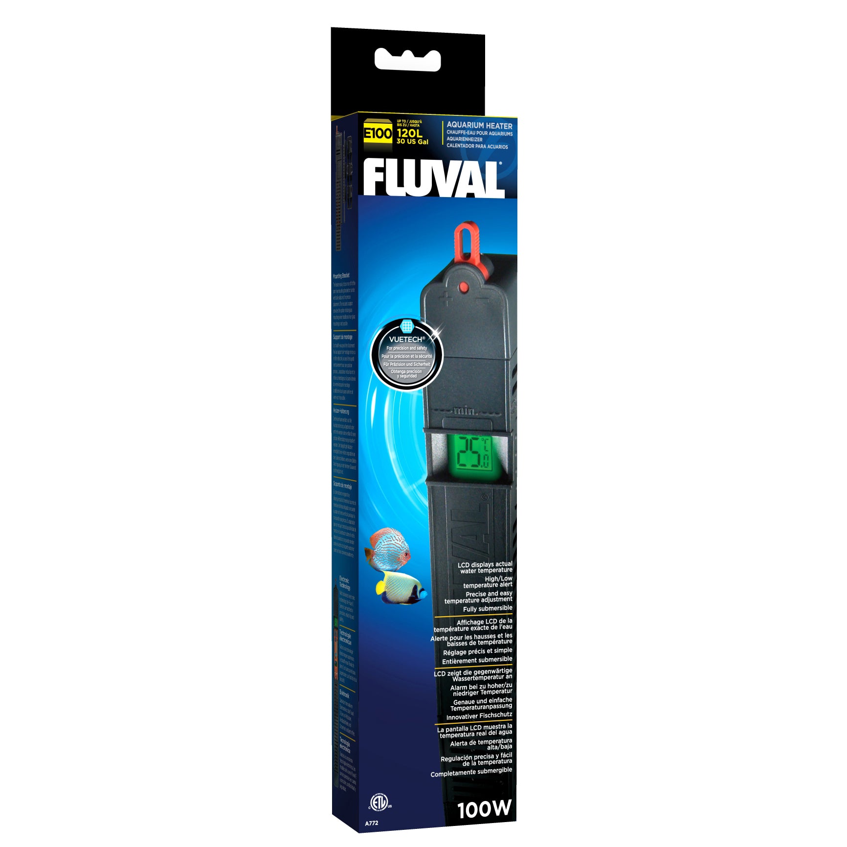 Calentador de acuario electrónico Fluval E100 con pantalla LCD de temperatura