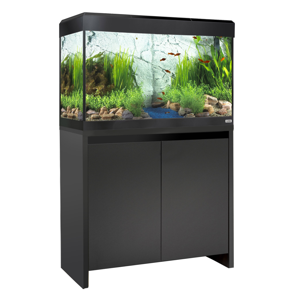 Acuario Fluval Roma de 125 litros en negro sobre mueble a juego con montaje plantado
