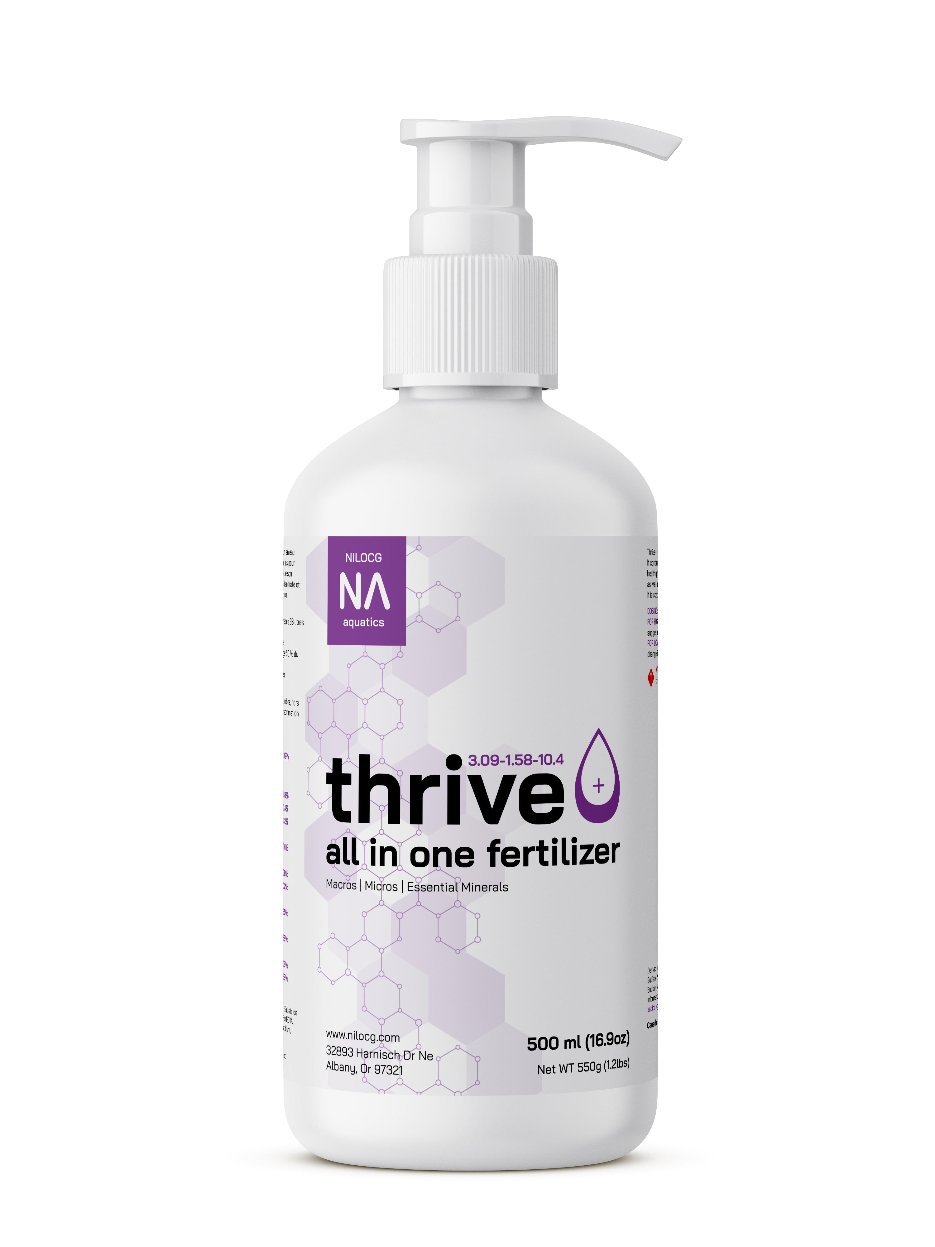 Botella con dosificador de abono completo líquido NilocG Thrive para plantas de acuario